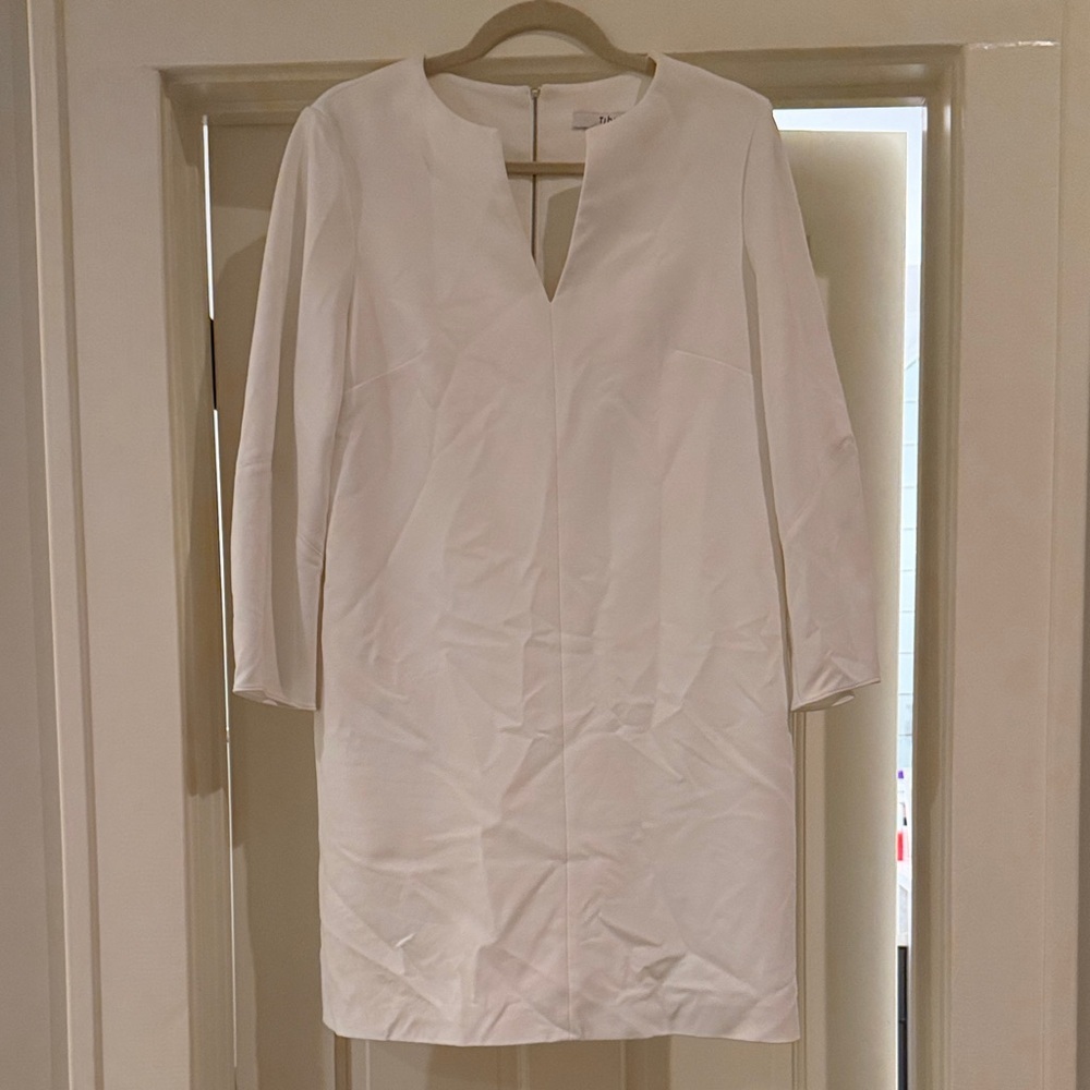 Tibi Ivory Long Sleeve Shift Dress with V-Notch Neck